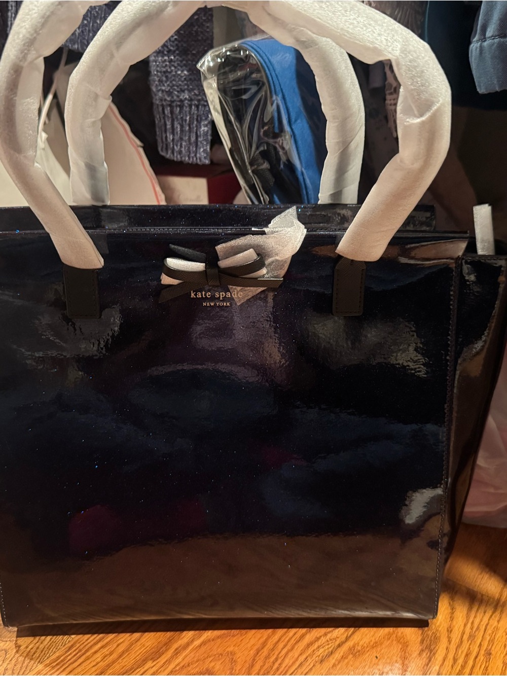 kate spade shimmery Navy Tote with Bow Accent nwt